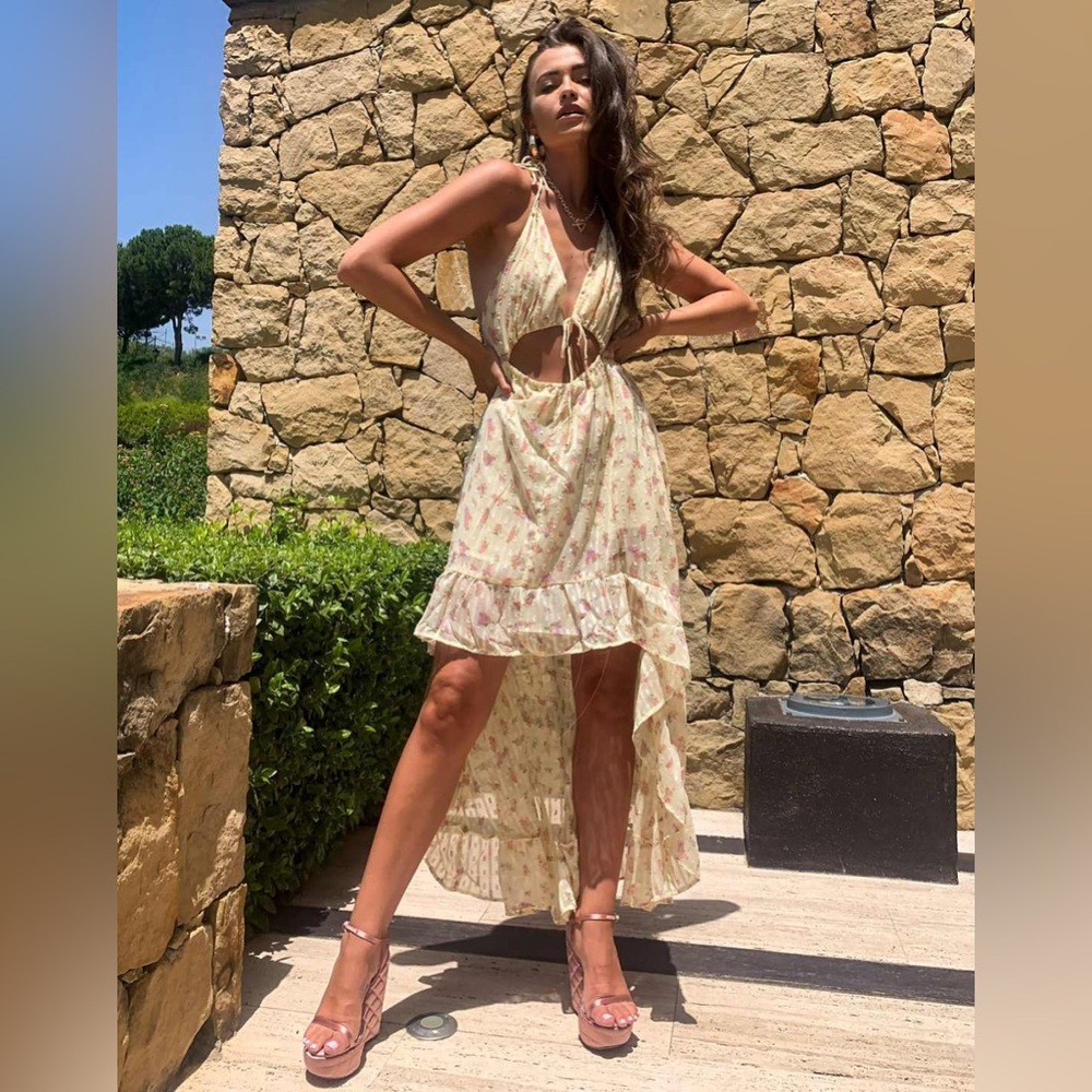 🌼 ASOS DESIGN Yellow Ditsy Floral High-Low Beach Dress 🌼.